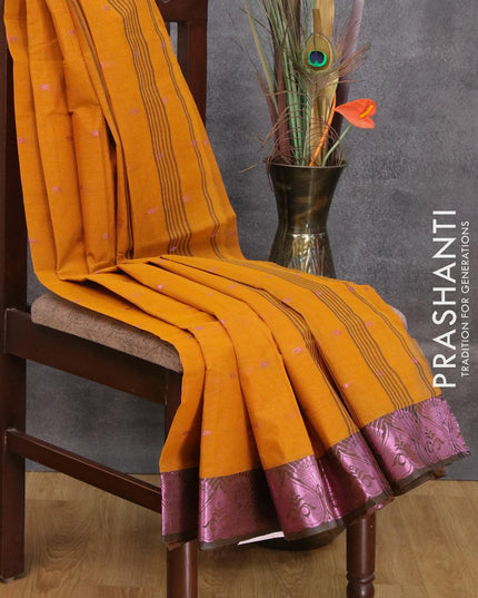 Bengal cotton saree mango yellow and black with pink zari woven buttas and pink zari woven border without blouse - {{ collection.title }} by Prashanti Sarees