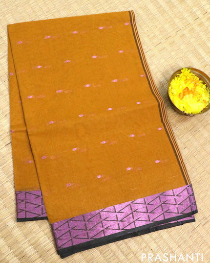 Bengal cotton saree mustard yellow and black with pink zari woven buttas and pink zari woven border without blouse - {{ collection.title }} by Prashanti Sarees