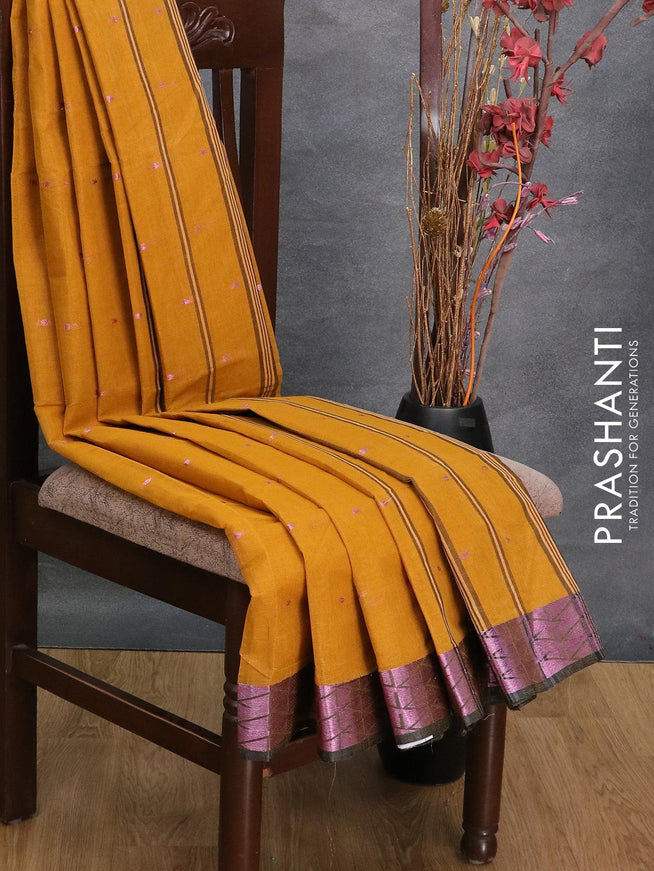 Bengal cotton saree mustard yellow and black with pink zari woven buttas and pink zari woven border without blouse - {{ collection.title }} by Prashanti Sarees