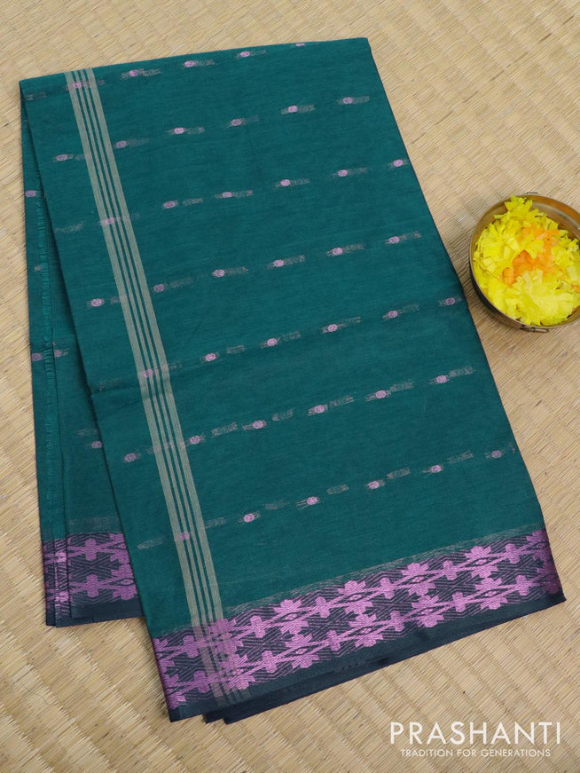 Bengal cotton saree peacock green and blue with pink zari woven buttas and pink zari woven border without blouse - {{ collection.title }} by Prashanti Sarees