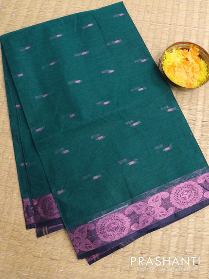 Bengal cotton saree peacock green and blue with pink zari woven buttas and pink zari woven border without blouse - {{ collection.title }} by Prashanti Sarees