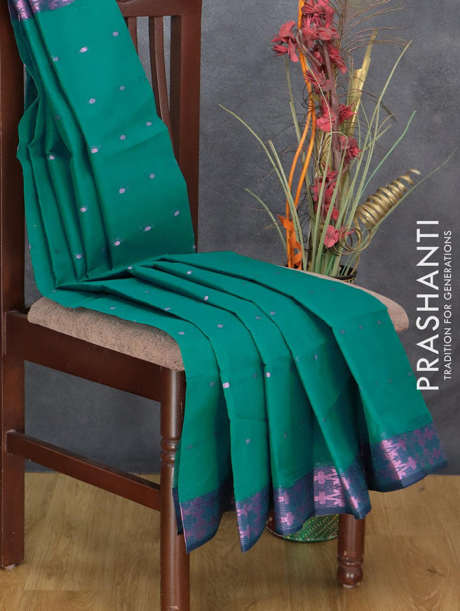 Bengal cotton saree teal green and blue with pink zari woven buttas and pink zari woven border without blouse - {{ collection.title }} by Prashanti Sarees
