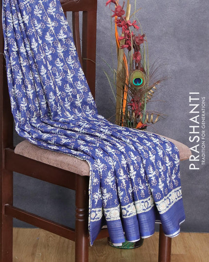 Bhagalpuri saree blue with allover butta prints & kantha stitch work and silver zari woven border - {{ collection.title }} by Prashanti Sarees