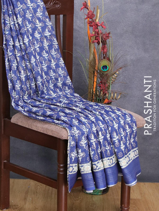 Bhagalpuri saree blue with allover butta prints & kantha stitch work and silver zari woven border - {{ collection.title }} by Prashanti Sarees