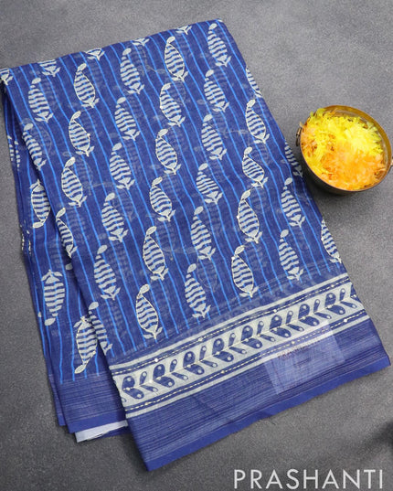 Bhagalpuri saree blue with butta prints & kantha stitch work and silver zari woven border - {{ collection.title }} by Prashanti Sarees