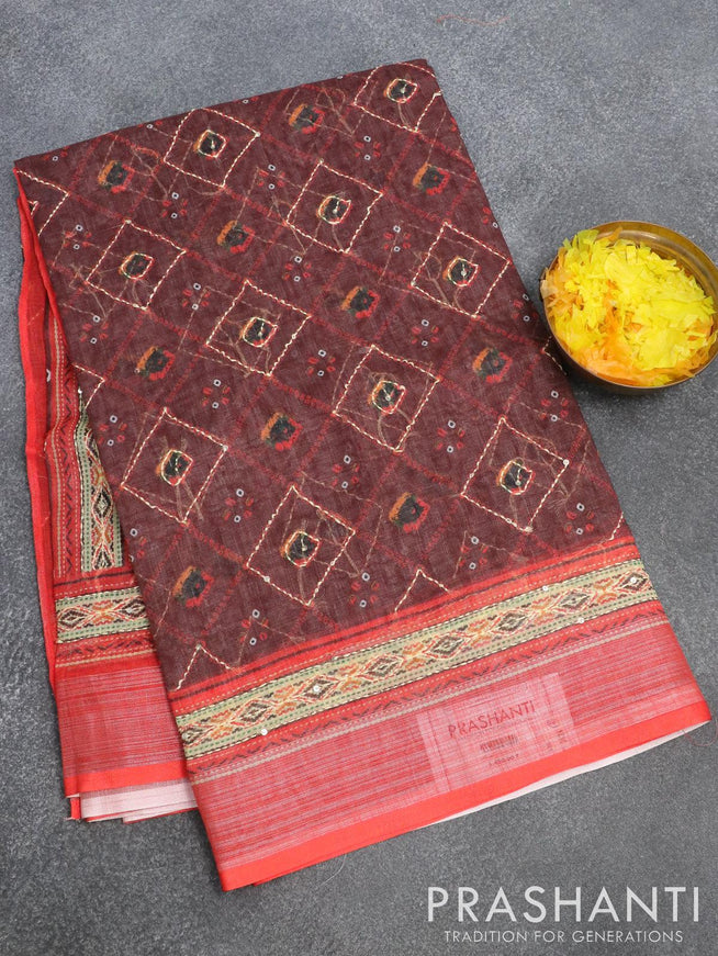 Bhagalpuri saree coffee brown and orange with allover bandhani prints & kantha stitch work and silver zari border - {{ collection.title }} by Prashanti Sarees