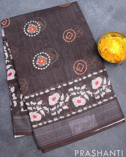 Bhagalpuri saree coffee brown with batik butta prints & kantha stitch work and silver zari woven border - {{ collection.title }} by Prashanti Sarees