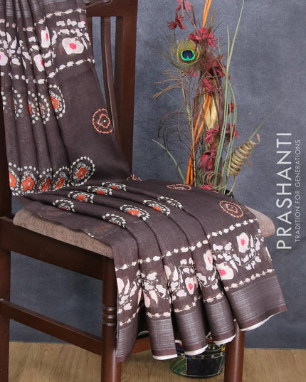 Bhagalpuri saree coffee brown with batik butta prints & kantha stitch work and silver zari woven border - {{ collection.title }} by Prashanti Sarees