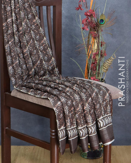 Bhagalpuri saree dark brown with butta prints & kantha stitch work and silver zari woven border - {{ collection.title }} by Prashanti Sarees