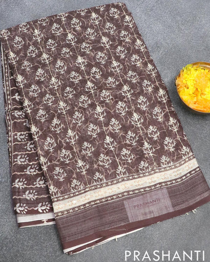 Bhagalpuri saree dark sap green with allover prints & kantha stitch work and silver zari woven border - {{ collection.title }} by Prashanti Sarees