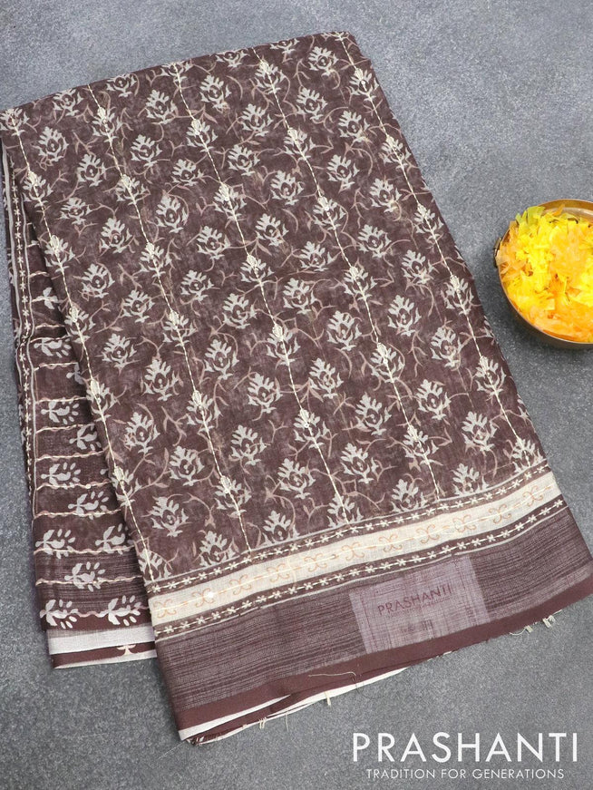 Bhagalpuri saree dark sap green with allover prints & kantha stitch work and silver zari woven border - {{ collection.title }} by Prashanti Sarees