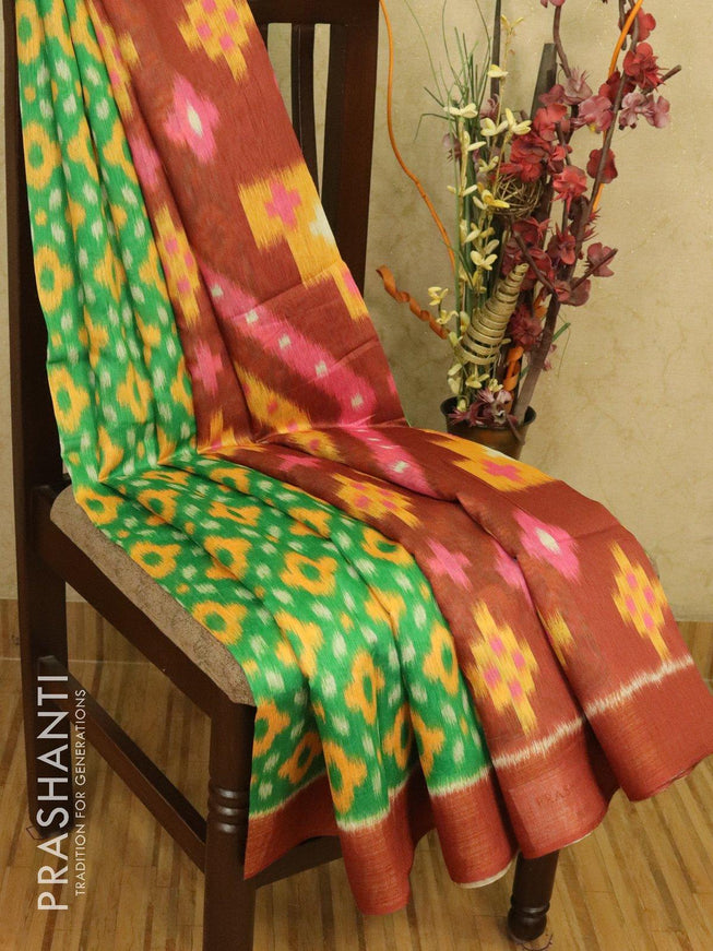 Bhagalpuri saree green and brown with allover ikat prints and simple zari border - {{ collection.title }} by Prashanti Sarees