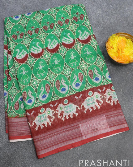 Bhagalpuri saree green and maroon with allover patola prints & kantha stitch work and silver zari border - {{ collection.title }} by Prashanti Sarees