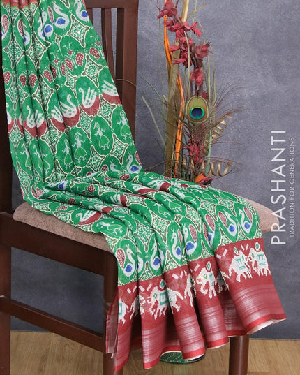 Bhagalpuri saree green and maroon with allover patola prints & kantha stitch work and silver zari border - {{ collection.title }} by Prashanti Sarees