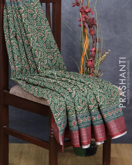 Bhagalpuri saree green and maroon with allover prints & kantha stitch work and silver zari woven border - {{ collection.title }} by Prashanti Sarees