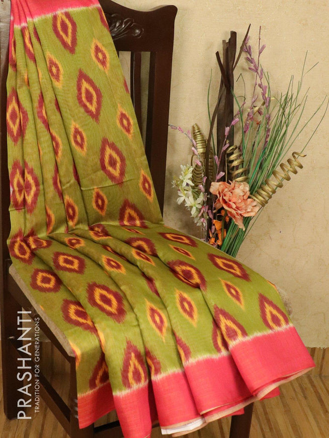 Bhagalpuri saree green and pink with allover ikat prints and simple zari border - {{ collection.title }} by Prashanti Sarees