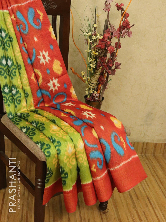 Bhagalpuri saree green and redish shade with allover ikat prints and simple zari border - {{ collection.title }} by Prashanti Sarees