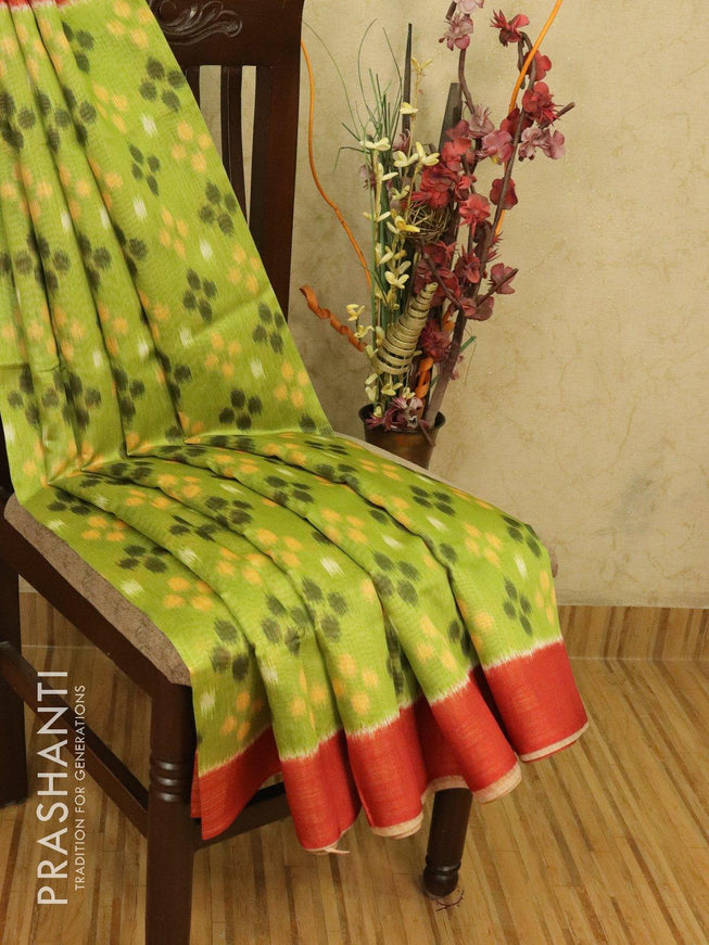 Bhagalpuri saree green and redish shade with allover ikat prints and simple zari border - TFR5914 - {{ collection.title }} by Prashanti Sarees