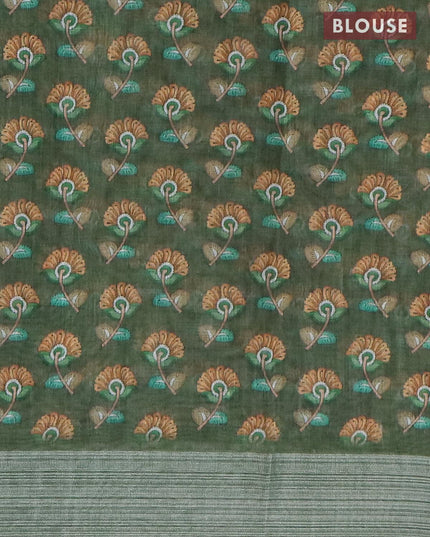 Bhagalpuri saree green shade with kalamkari prints & kantha stitch work and silver zari woven border - {{ collection.title }} by Prashanti Sarees