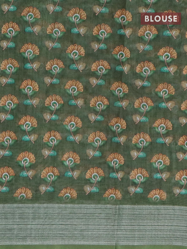 Bhagalpuri saree green shade with kalamkari prints & kantha stitch work and silver zari woven border - {{ collection.title }} by Prashanti Sarees