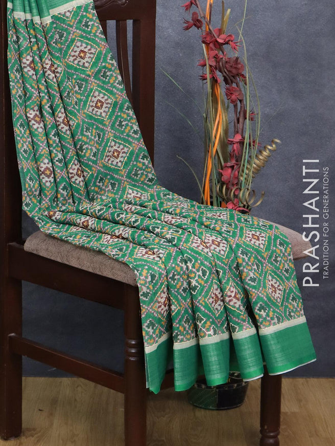 Bhagalpuri saree green with allover geometric prints & kantha stitch work and silver zari woven border - {{ collection.title }} by Prashanti Sarees