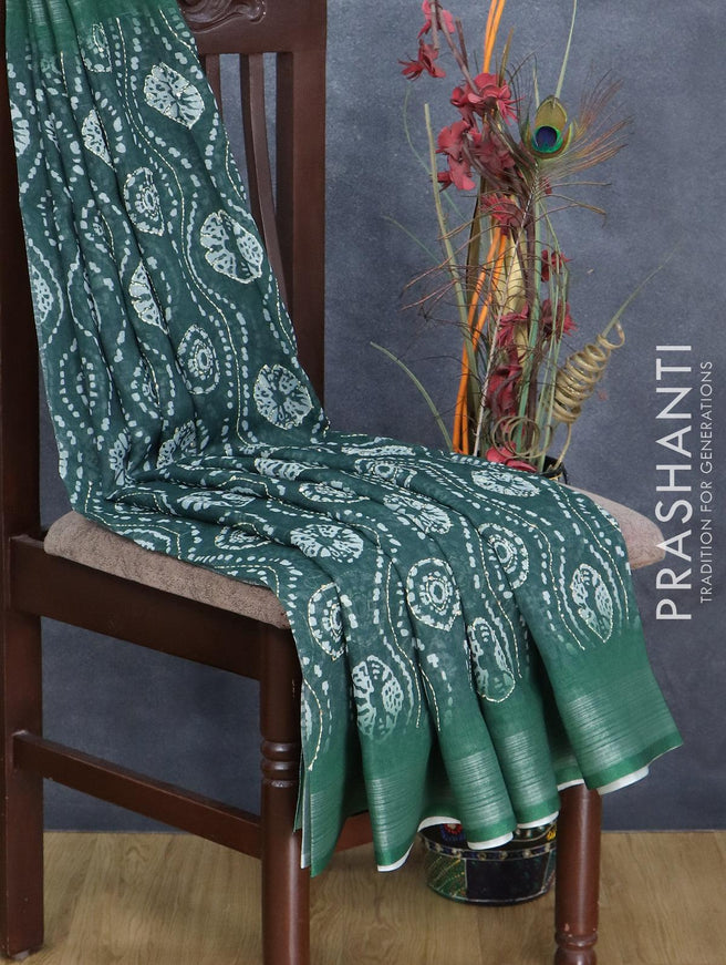 Bhagalpuri saree green with allover prints & kantha stitch work and silver zari woven border - {{ collection.title }} by Prashanti Sarees