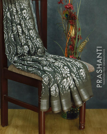 Bhagalpuri saree greyish green with allover prints & kantha stitch work and silver zari woven border - {{ collection.title }} by Prashanti Sarees