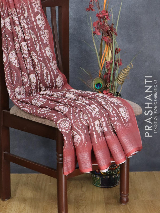 Bhagalpuri saree maroon with allover prints & kantha stitch work and silver zari woven border - {{ collection.title }} by Prashanti Sarees