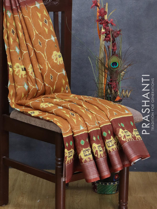 Bhagalpuri saree mustard yellow and brown with patola prints & kantha stitch work and silver zari woven border - {{ collection.title }} by Prashanti Sarees