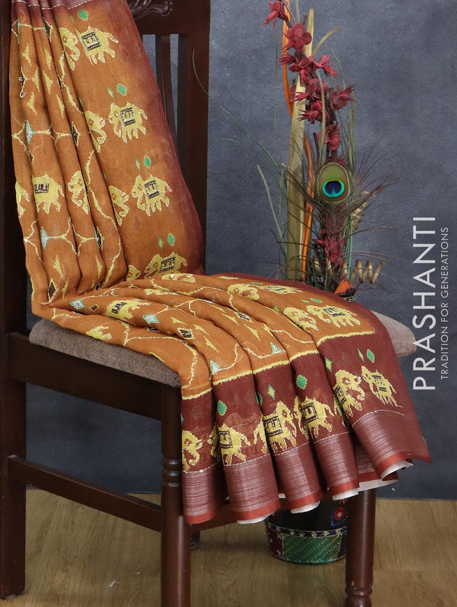 Bhagalpuri saree mustard yellow and brown with patola prints & kantha stitch work and silver zari woven border - {{ collection.title }} by Prashanti Sarees