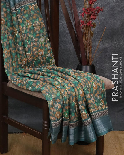 Bhagalpuri saree peacock green with kalamkari prints & kantha stitch work and silver zari woven border - {{ collection.title }} by Prashanti Sarees