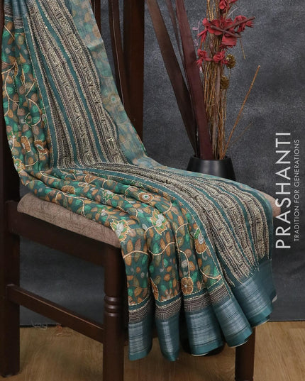Bhagalpuri saree peacock green with kalamkari prints & kantha stitch work and silver zari woven border - {{ collection.title }} by Prashanti Sarees