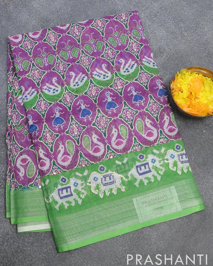 Bhagalpuri saree purple and parrot green with allover patola prints & kantha stitch work and silver zari border - {{ collection.title }} by Prashanti Sarees