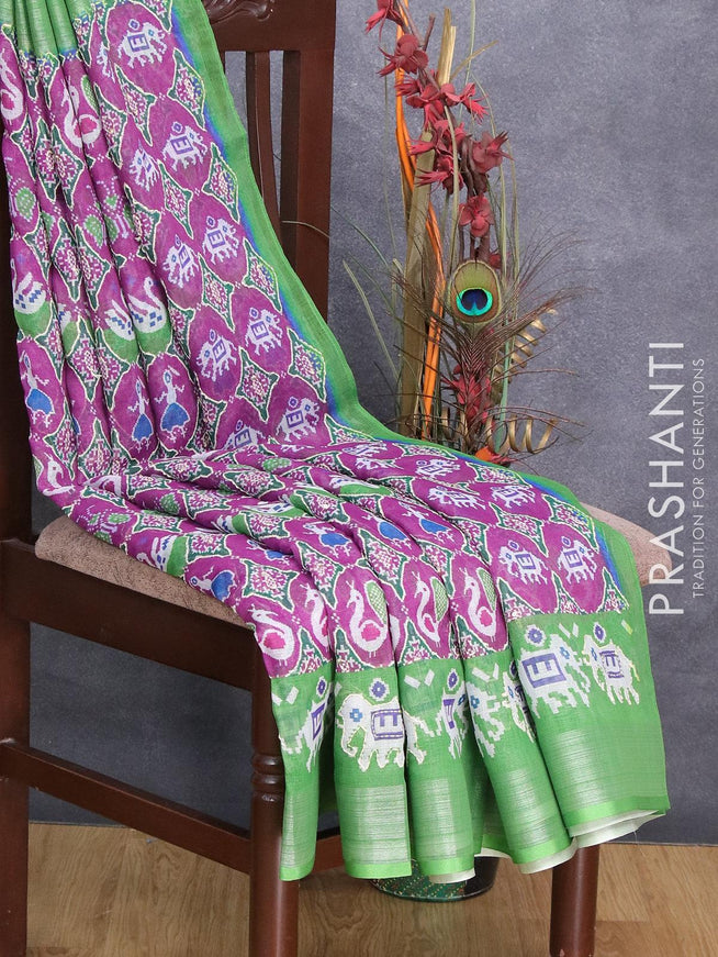 Bhagalpuri saree purple and parrot green with allover patola prints & kantha stitch work and silver zari border - {{ collection.title }} by Prashanti Sarees