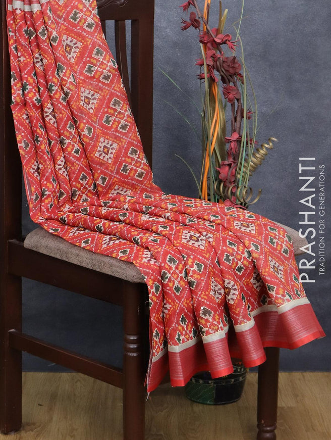 Bhagalpuri saree red shade with allover geometric prints & kantha stitch work and silver zari woven border - {{ collection.title }} by Prashanti Sarees