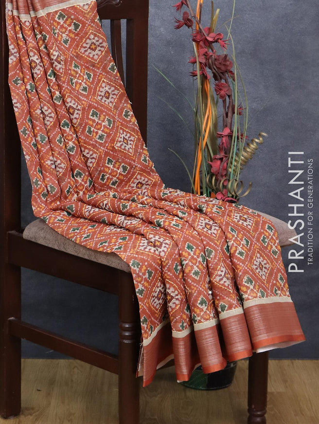 Bhagalpuri saree rust shade with allover geometric prints & kantha stitch work and silver zari woven border - {{ collection.title }} by Prashanti Sarees