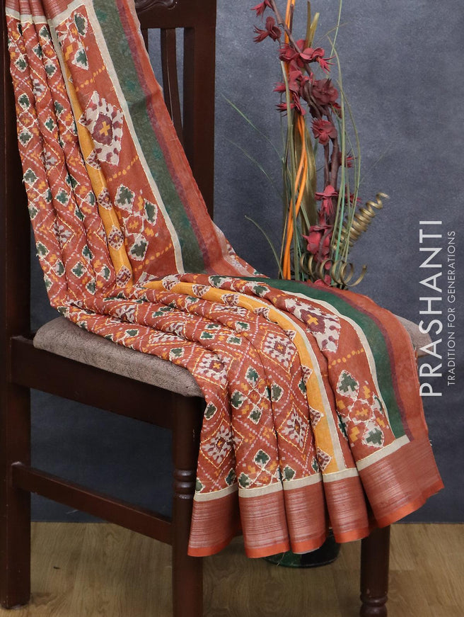 Bhagalpuri saree rust shade with allover geometric prints & kantha stitch work and silver zari woven border - {{ collection.title }} by Prashanti Sarees