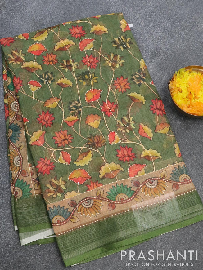 Bhagalpuri saree sap green and sandal with allover floral prints & kantha stitch work and silver zari woven border - {{ collection.title }} by Prashanti Sarees