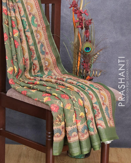 Bhagalpuri saree sap green and sandal with allover floral prints & kantha stitch work and silver zari woven border - {{ collection.title }} by Prashanti Sarees