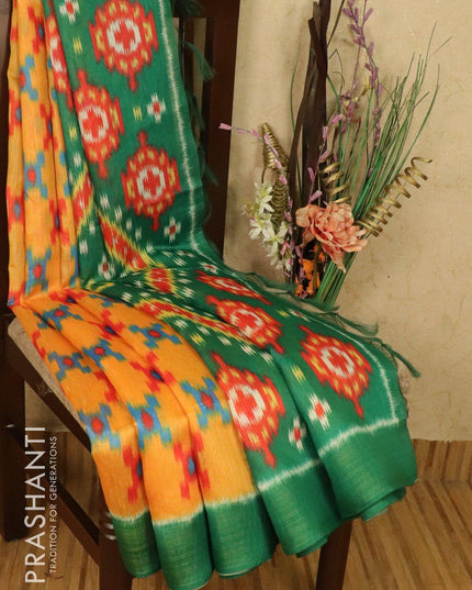 Bhagalpuri saree yellow and green with allover ikat prints and simple zari border - TFR5883 - {{ collection.title }} by Prashanti Sarees