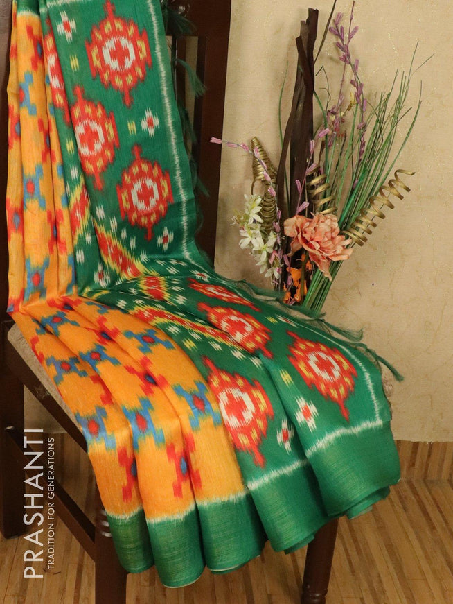 Bhagalpuri saree yellow and green with allover ikat prints and simple zari border - TFR5883 - {{ collection.title }} by Prashanti Sarees