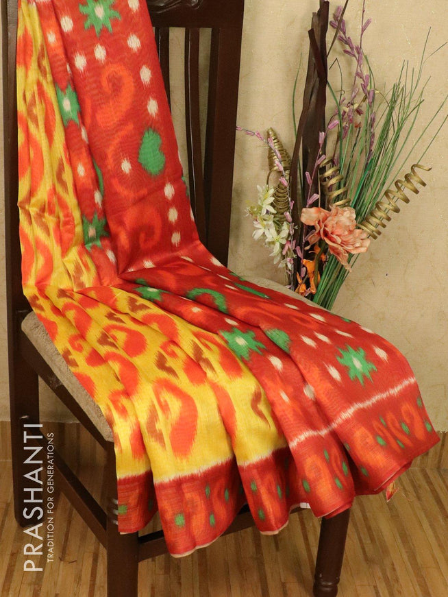 Bhagalpuri saree yellow and rustic red with allover ikat prints and simple zari border - {{ collection.title }} by Prashanti Sarees