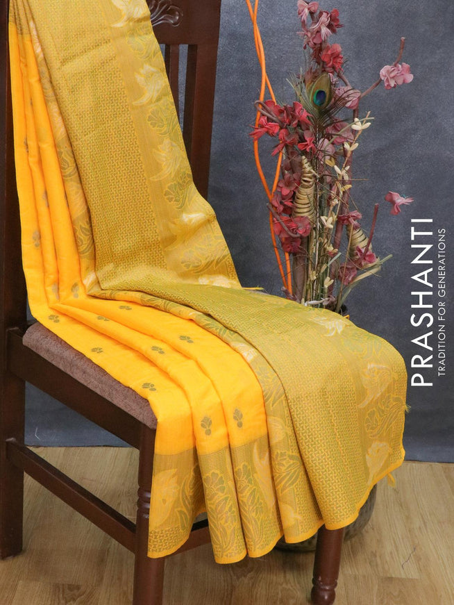 Bhagalpuri silk saree mango yellow with allover woven buttas and floral design woven border - {{ collection.title }} by Prashanti Sarees