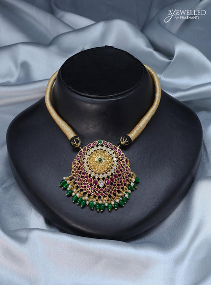 Black thread necklace with kemp stone and green beads hanging - {{ collection.title }} by Prashanti Sarees