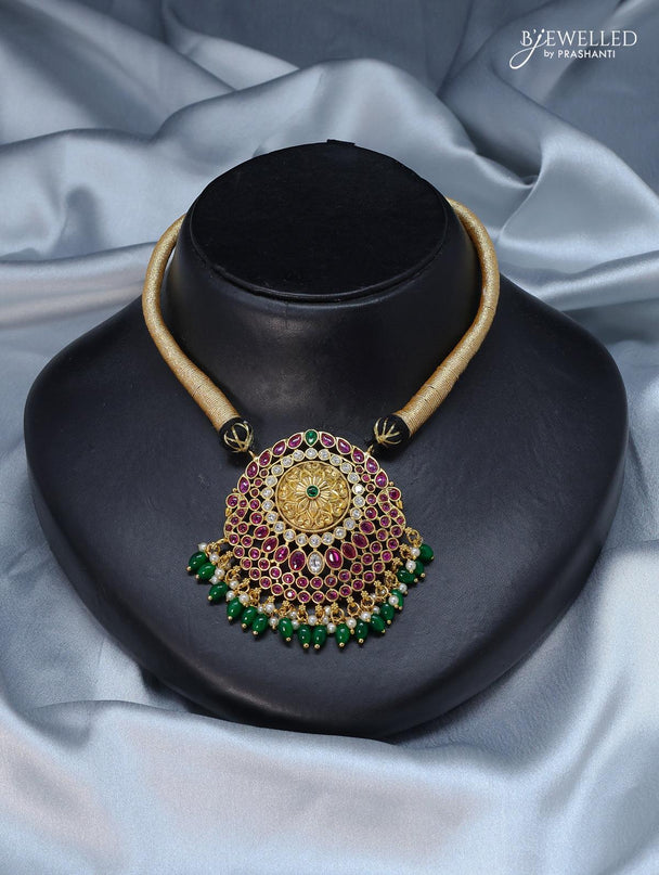 Black thread necklace with kemp stone and green beads hanging - {{ collection.title }} by Prashanti Sarees
