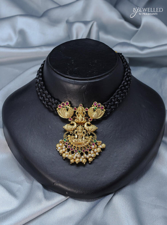 Black thread necklace with lakshmi pendant and golden beads hanging - {{ collection.title }} by Prashanti Sarees