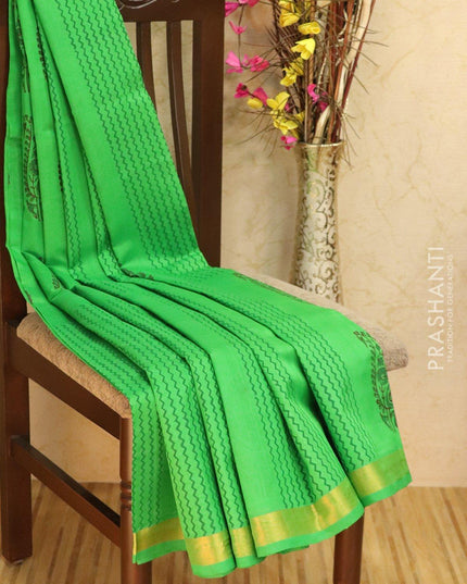 Block printed silk cotton saree green with paisley prints and simple zari border - {{ collection.title }} by Prashanti Sarees