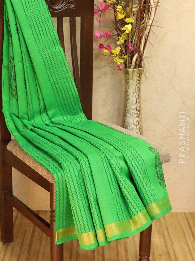Block printed silk cotton saree green with paisley prints and simple zari border - {{ collection.title }} by Prashanti Sarees