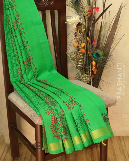 Block printed silk cotton saree parrot green with allover prints and simple zari border - {{ collection.title }} by Prashanti Sarees