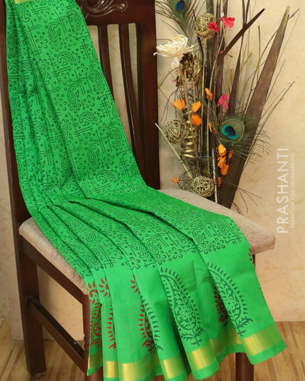 Block printed silk cotton saree parrot green with allover prints and simple zari border - {{ collection.title }} by Prashanti Sarees